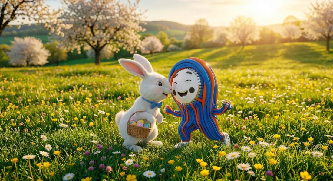 Das EFB-Elektronik Maskottchen Patchy spielt mit dem Osterhasen auf einer grünen Wiese und wünscht Frohe Ostern | Ostermotiv von EFB-Elektronik