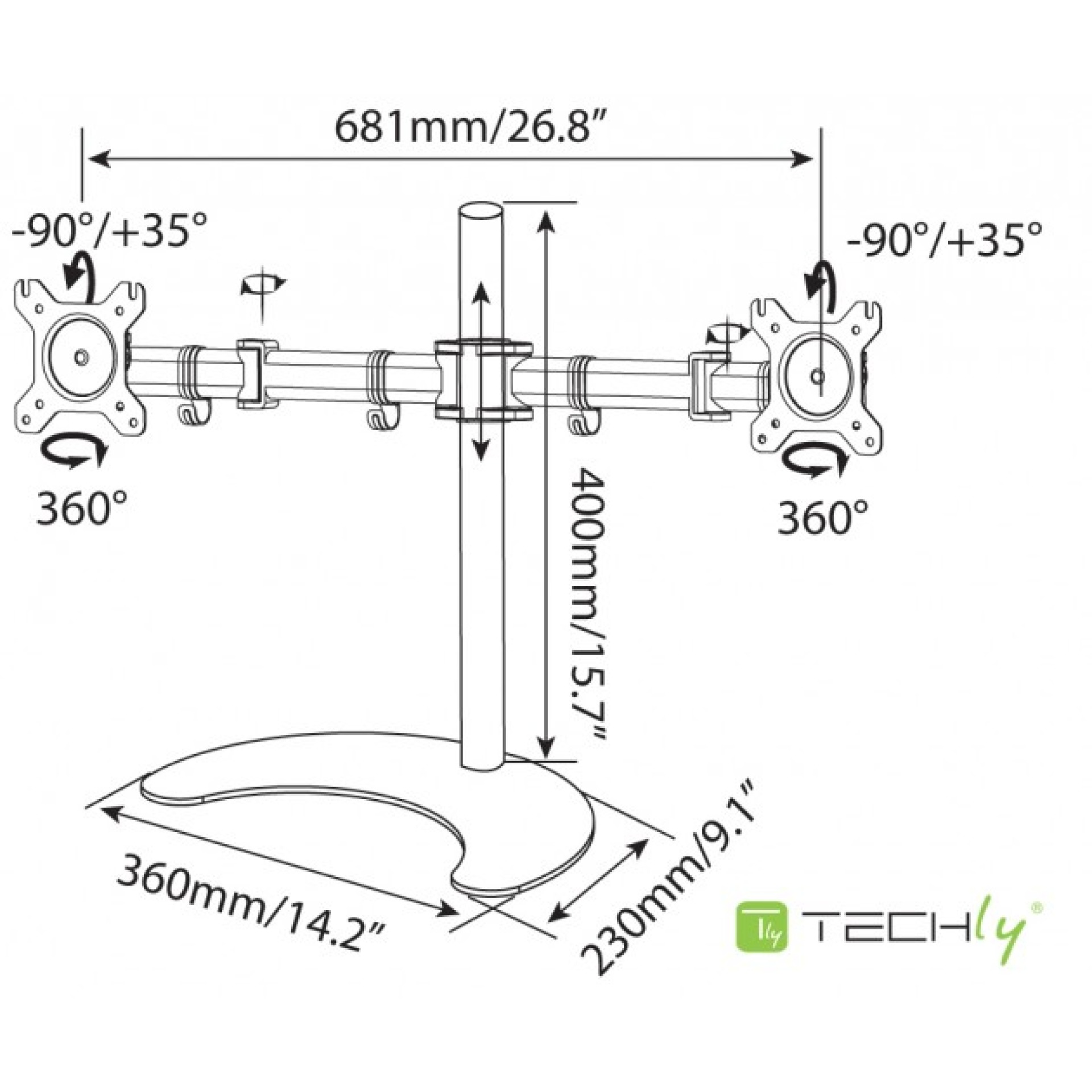 Desk stand for 2 LCDs 13"-27", with base