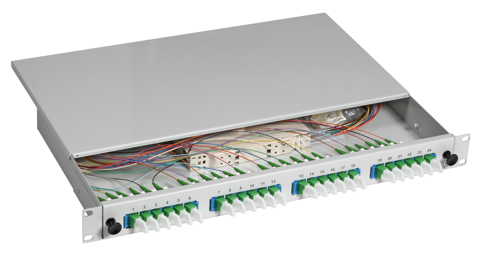Spleißbox sw E2000®-APC 9/125µ OS2 nicht ausziehbar 24 Pigtails/24 Kuppl. schräg