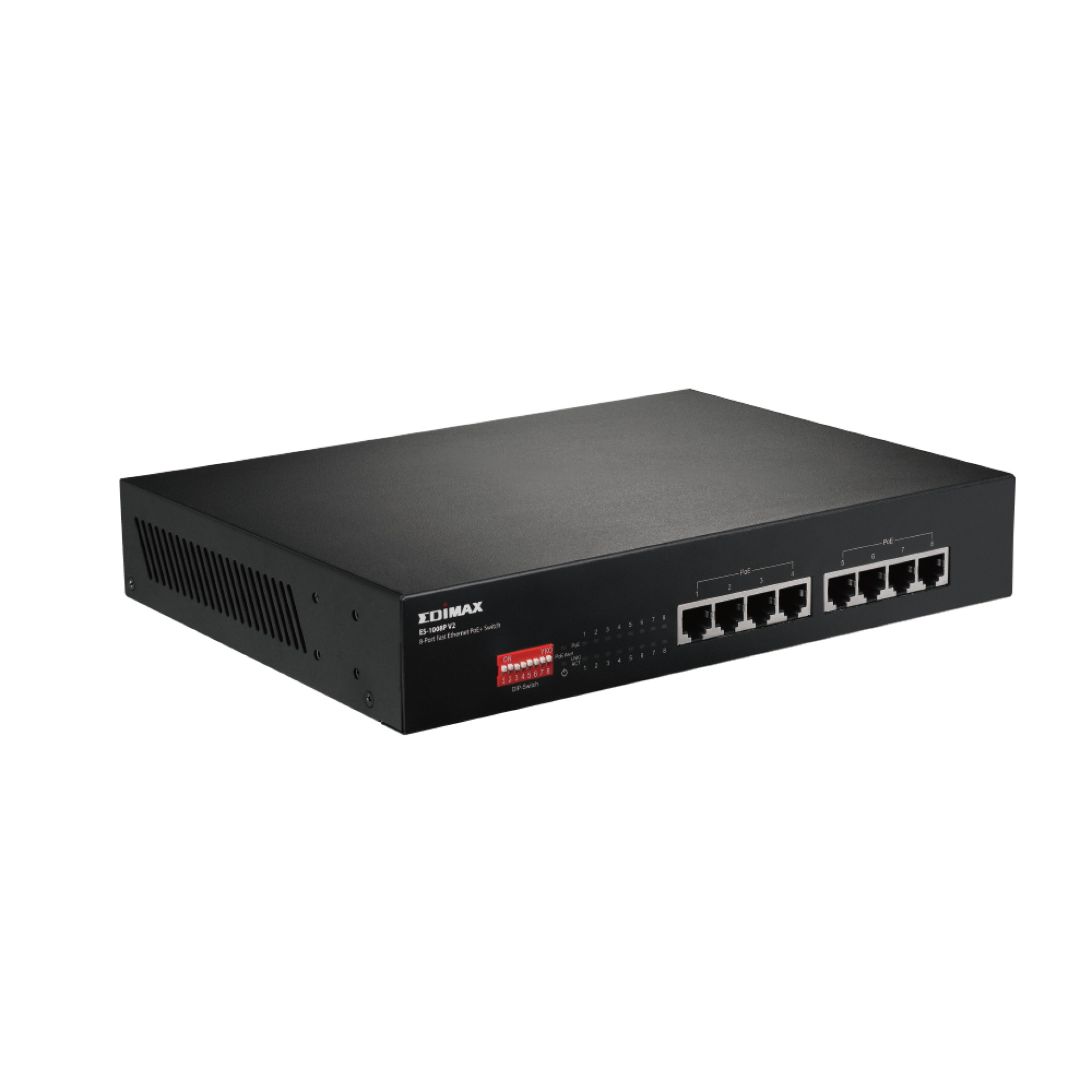 Fast Ethernet 8-Port Switch 8x PoE+ Ports, DIP Switch 130W ohne Lüfter