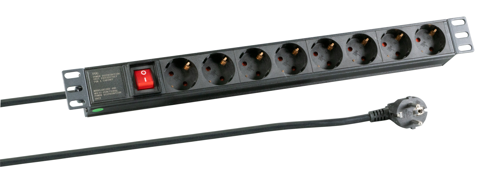 19“ 1U Socket Strip 8 x CEE 7/3 with Switch, in Plastic Profile, Black