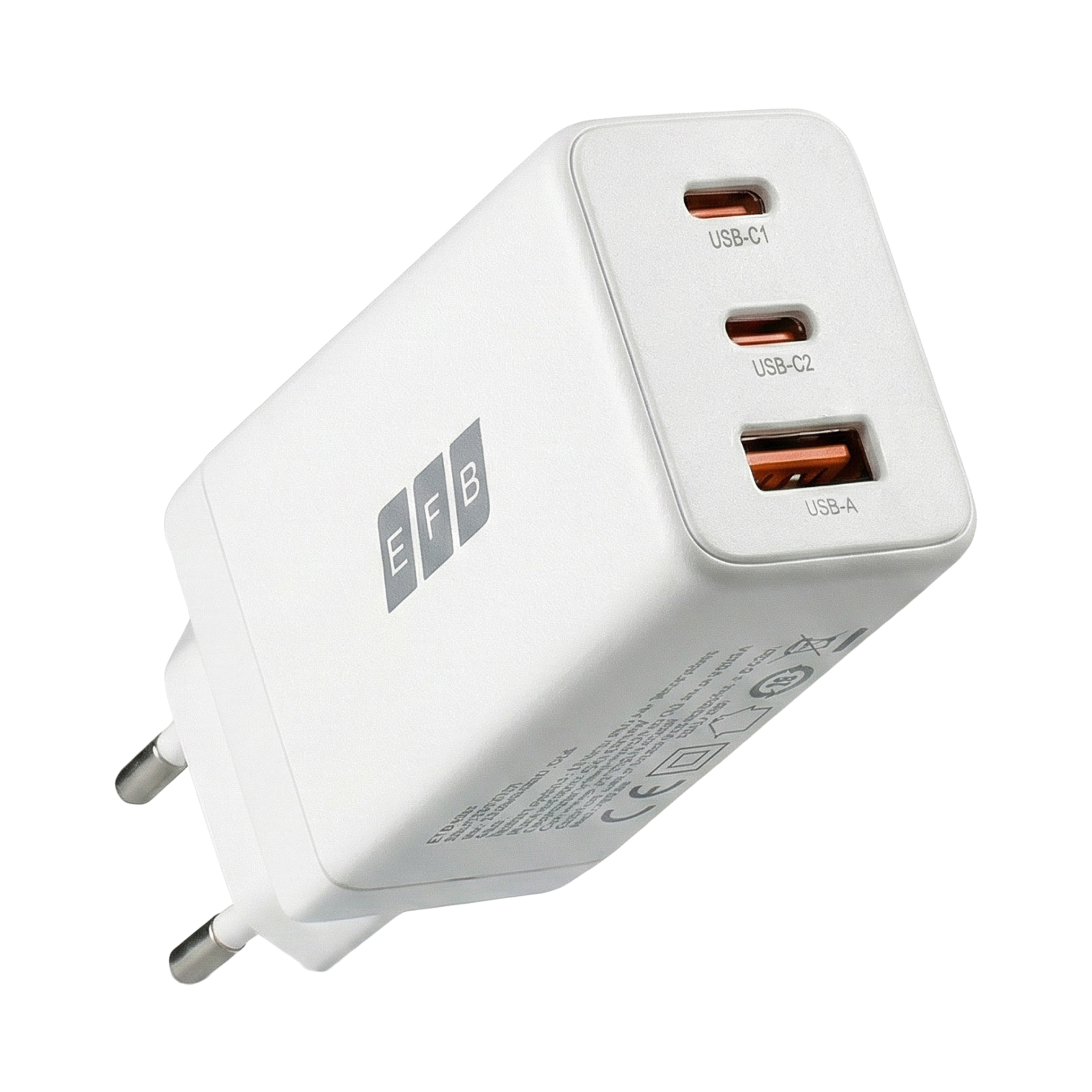 65W 2x USB-C + USB-A Charger PD3.0 GaN QC3.0 Input: 100-240V~1.5A 50/60Hz, white