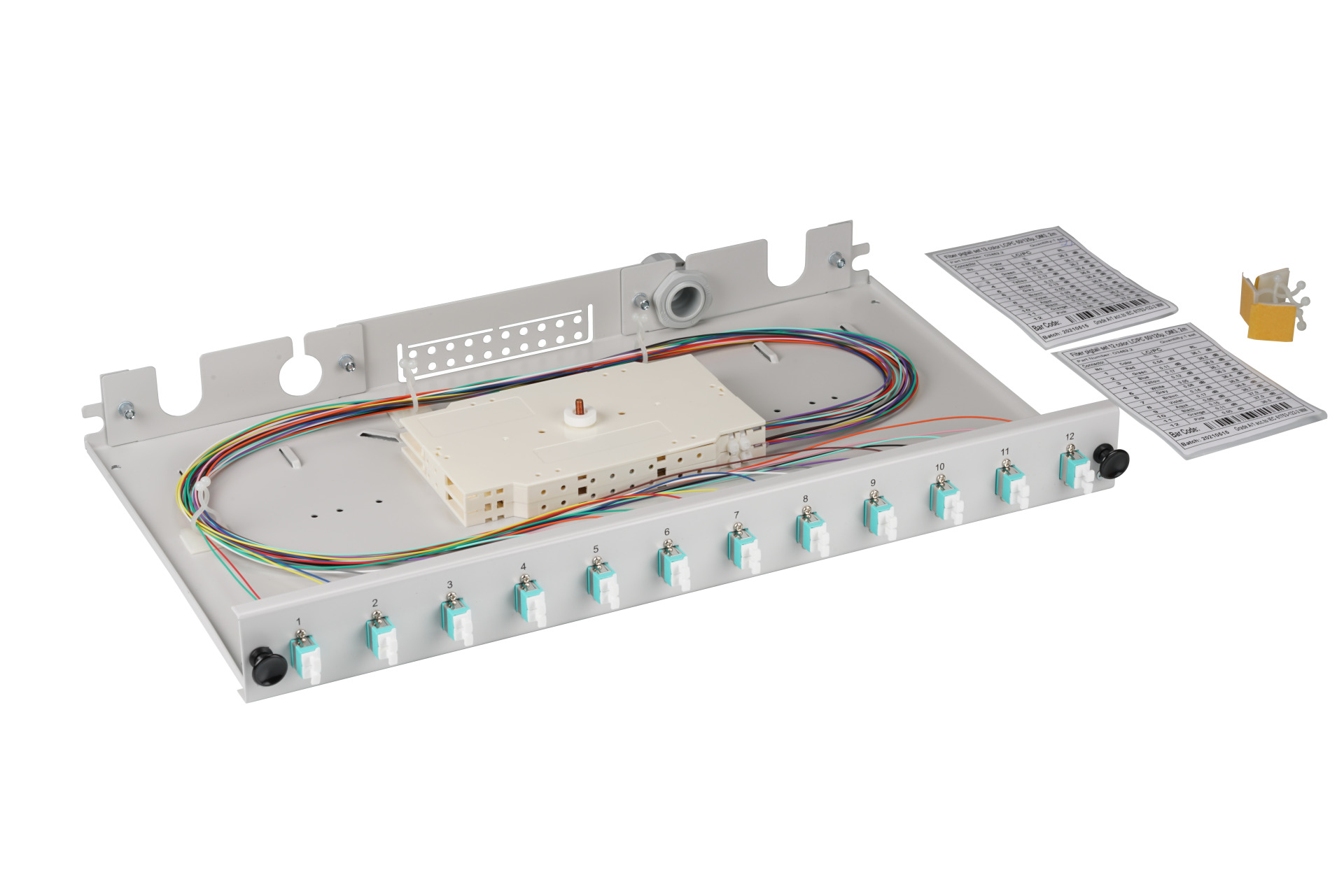 Splice box LC 50/125µ OM3 extendable, 12 pigtails stripped /6 adapters