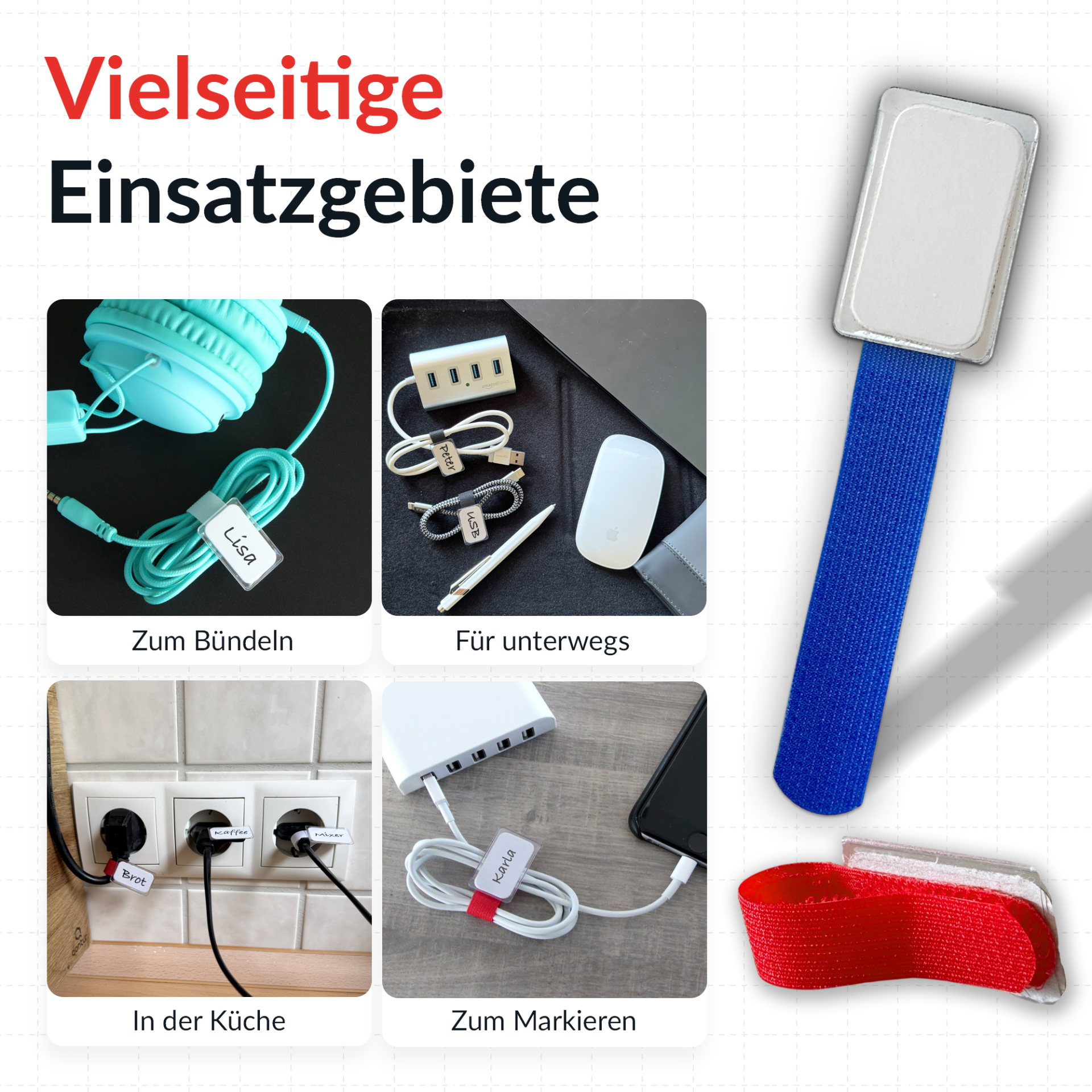 LTC MINI TAGS Kleine Klettkabelbinder m. Beschriftungstafeln 10 Stk Set ge/bl/rt