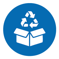 Icon with recycling symbol and cardboard - symbol for sustainable packaging and environmentally friendly shipping solutions on a blue background Icon with recycling symbol and cardboard - symbol for sustainable packaging and environmentally friendly shipping solutions on a blue background