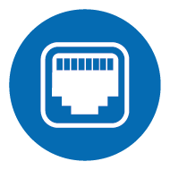 Blaues Icon mit weißem RJ45-Steckersymbol. Blaues Icon mit weißem RJ45-Steckersymbol.