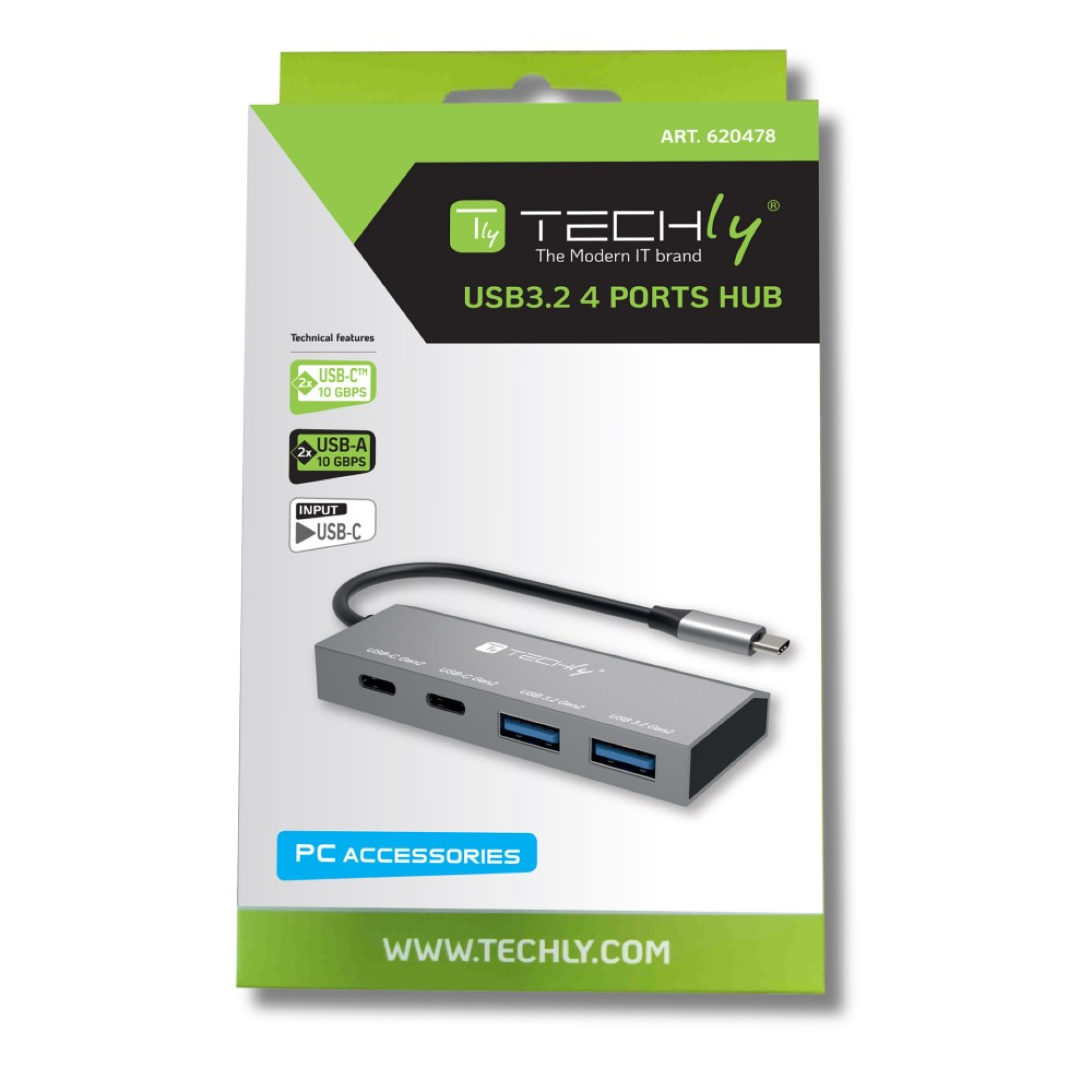 USB 3.2 hub with 2 USB-A ports and 2 USB-C™ ports, made of metal