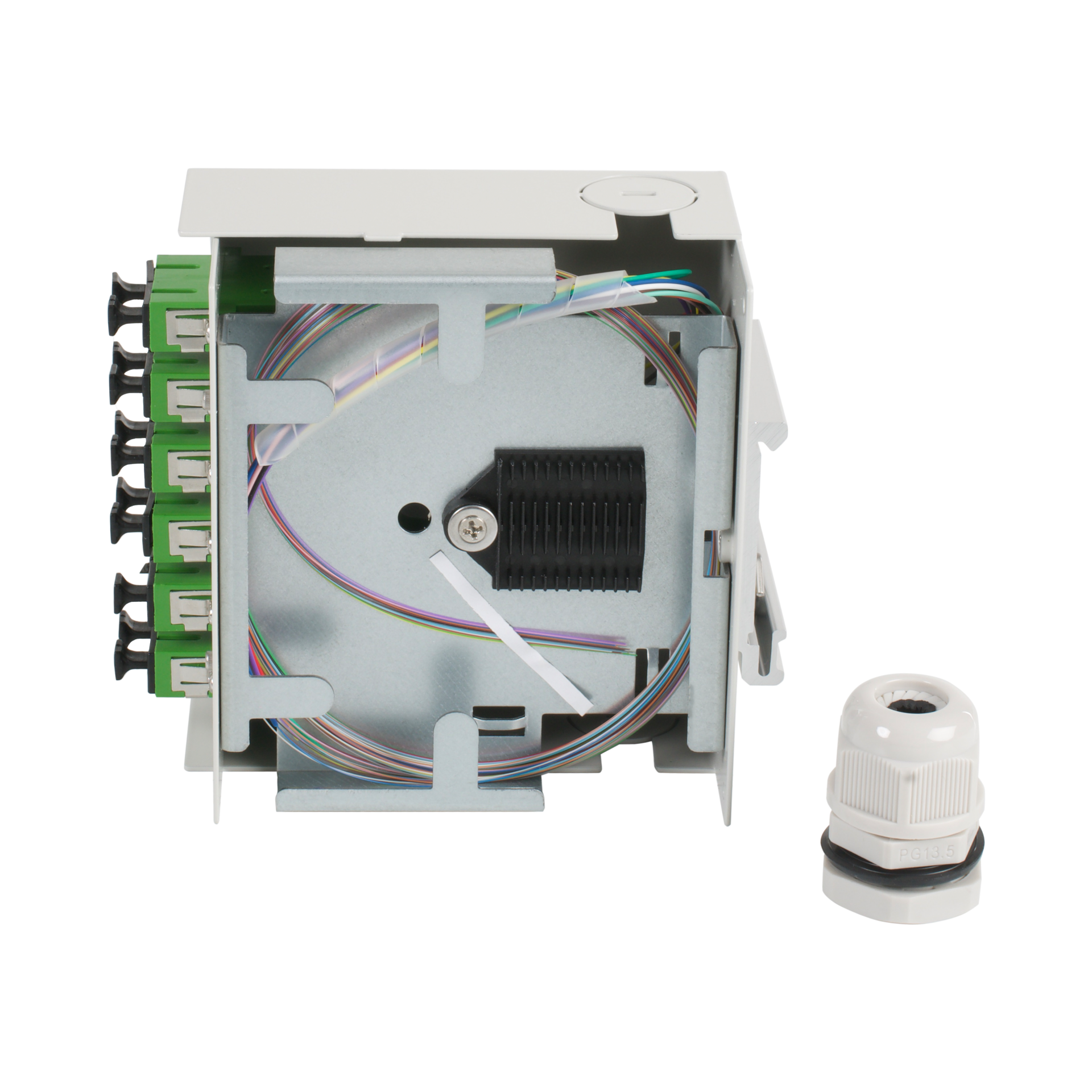 Hutschienenbox OS2 G652D 12xSC/APC Pigtail abgesetzt, 6x SC/APC-Duplex Kupplung