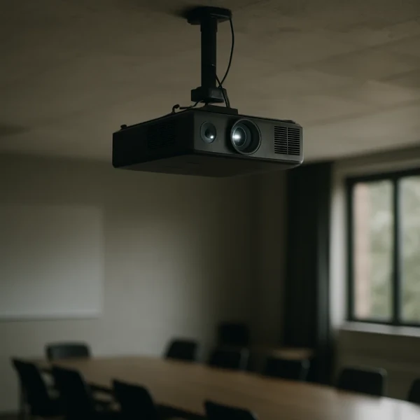 Deckenmontierter Beamer im Konferenzraum mit Besprechungstisch und Whiteboard – moderne Präsentationstechnik für Meetings