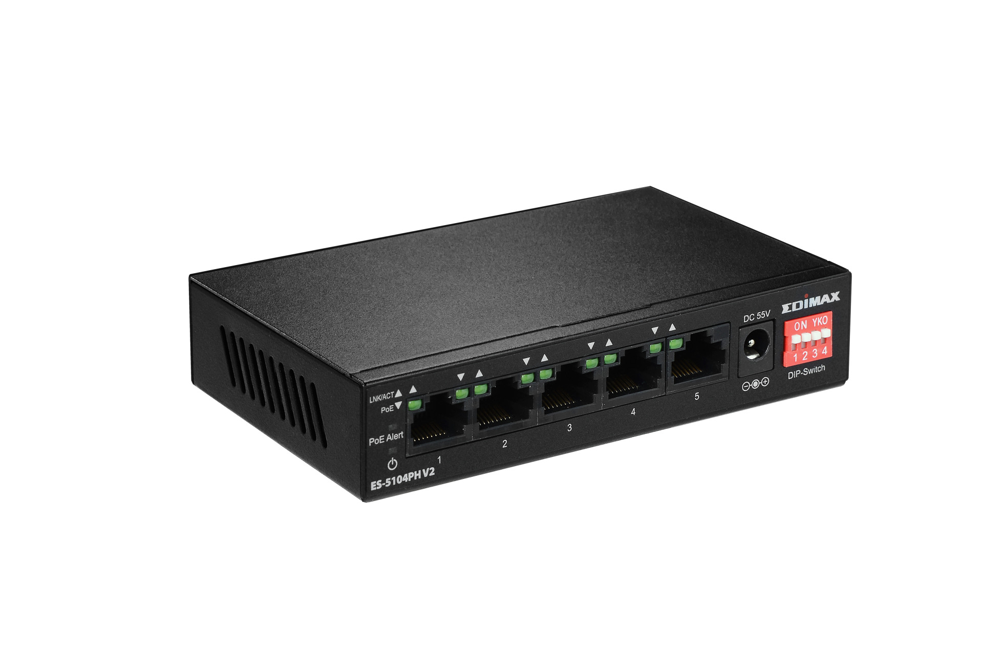 Fast Ethernet 5-Port Switch 4 PoE+ Ports, DIP Switch 60W ohne Lüfter
