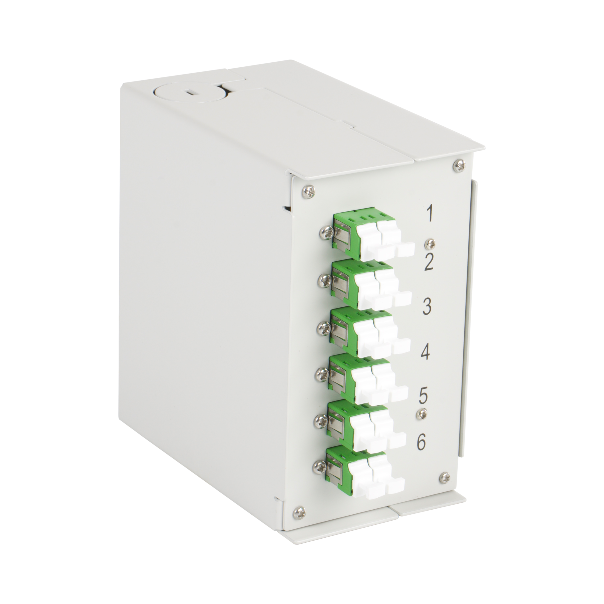 Hutschienenbox OS2 G652D 12xLC/APC Pigtail abgesetzt, 6x LC/APC-Duplex Kupplung