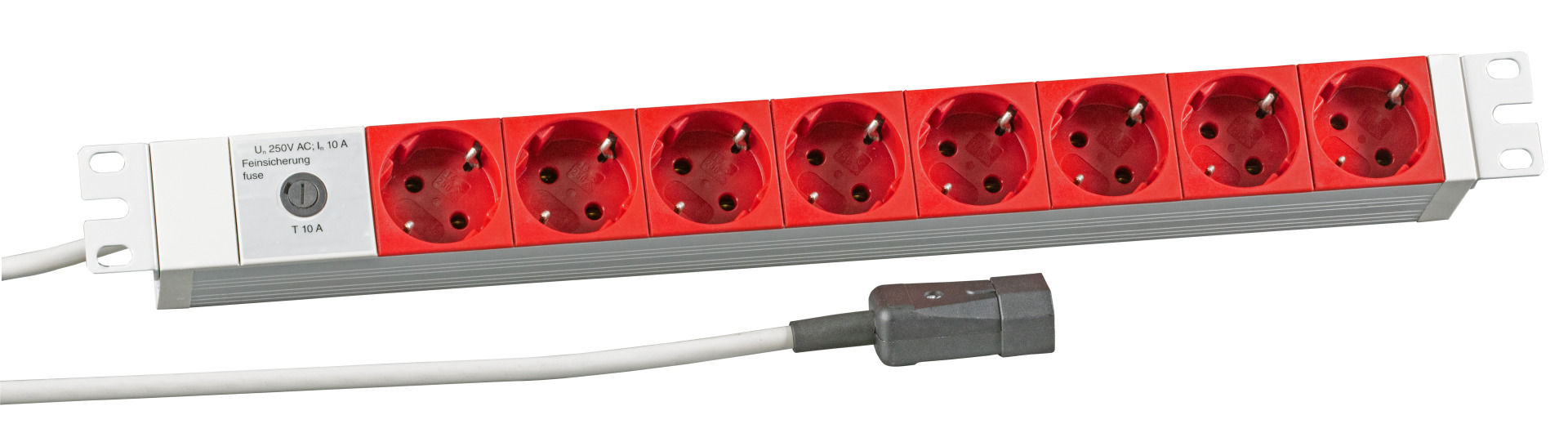 19" 1HE Steckdosenleiste 8 x CEE7/3 rot, Zuleitung C14 für USV, RAL7035 19" 1HE Steckdosenleiste 8 x CEE7/3 rot, Zuleitung C14 für USV, RAL7035