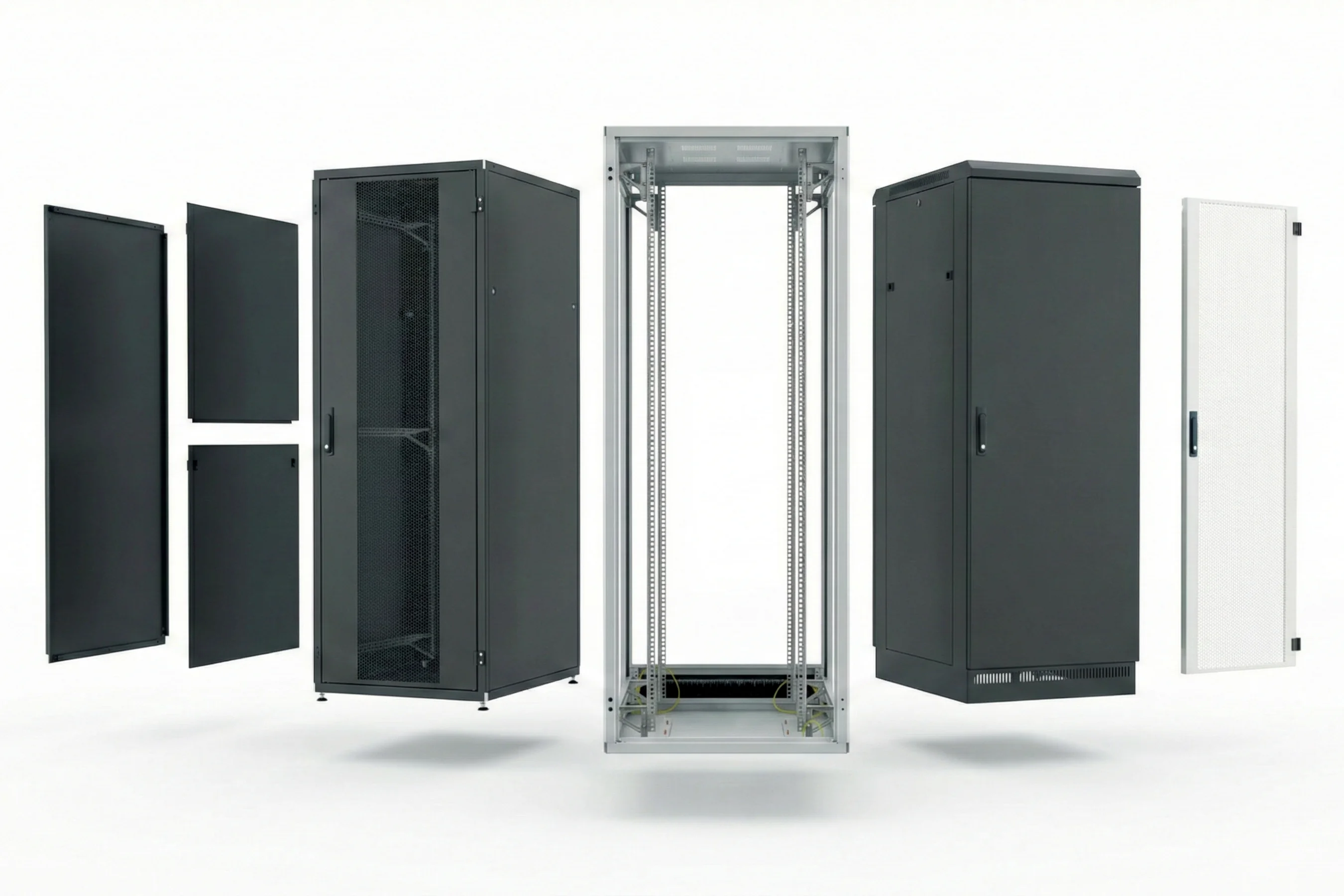 Zerlegbarer 19"-Netzwerkschrank im Explosionsbild: Rahmen, Türen und Seitenteile getrennt dargestellt, Farbvarianten Schwarz und RAL 7035