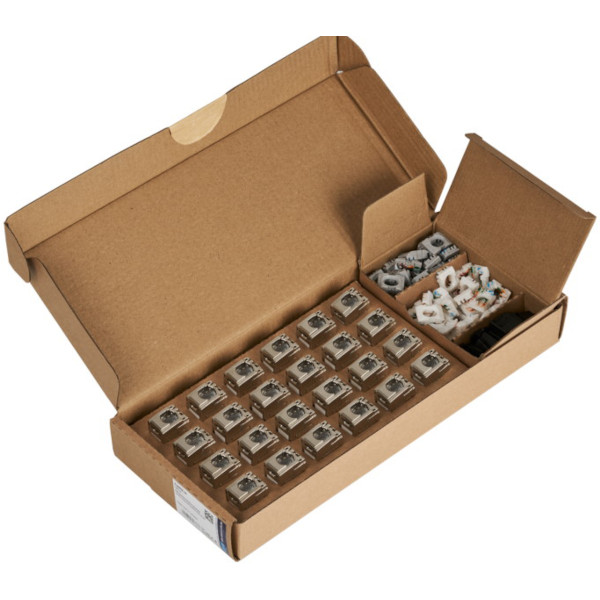 Verpackungseinheit mit RJ45 Keystone-Modulen und Zubehör für effiziente Netzwerkinstallationen in IT-Infrastrukturen Verpackungseinheit mit RJ45 Keystone-Modulen und Zubehör für effiziente Netzwerkinstallationen in IT-Infrastrukturen