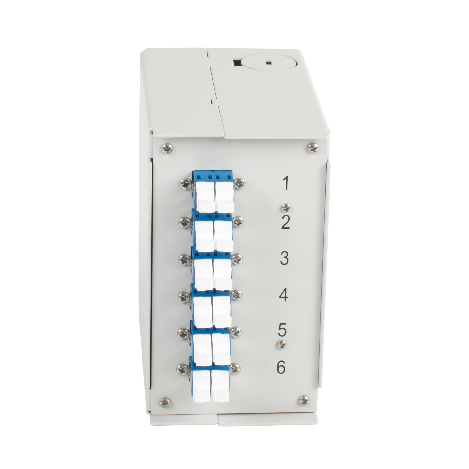 Hutschienenbox OS2 G652D 12xLC Pigtail abgesetzt, 6x LC-Duplex Kupplung