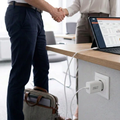 EFB-Elektronik USB-C Ladegerät lädt ein Tablet im Büro während eines Geschäftstermins und unterstützt zuverlässiges Schnellladen im professionellen Einsatz