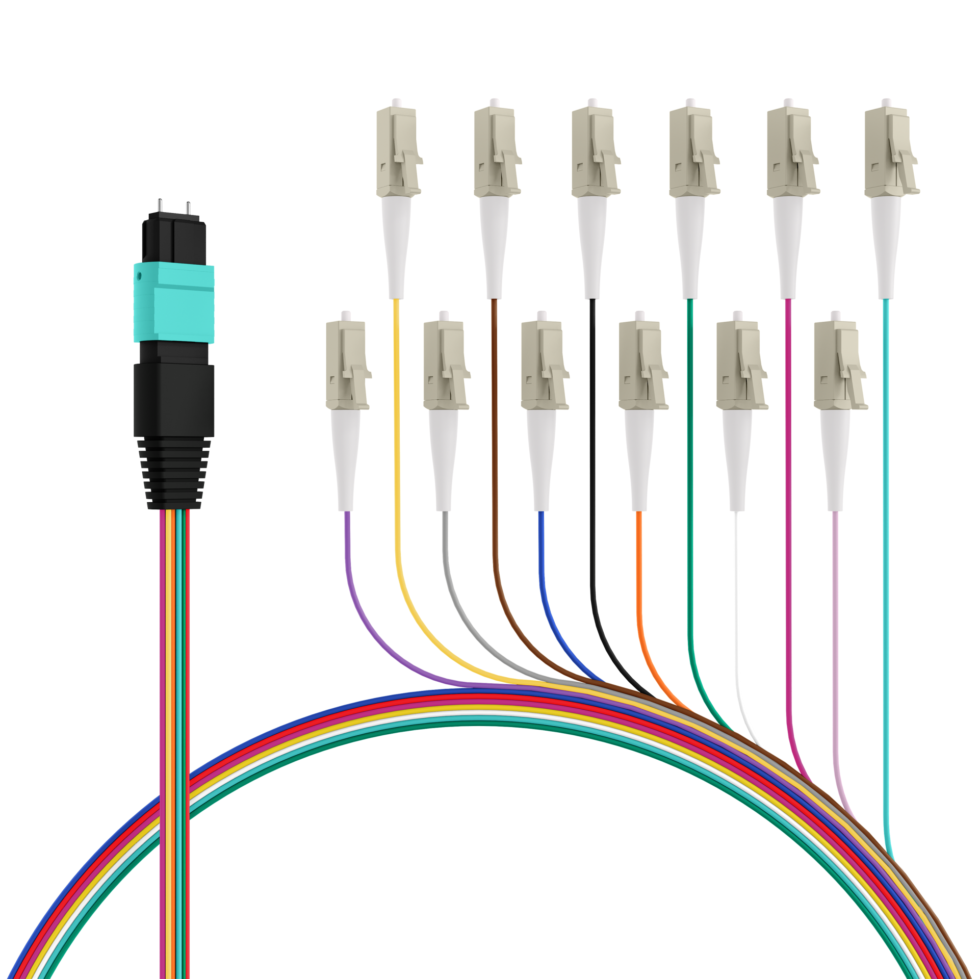 MPO-PLUS®(M)-LC Fanoutkabel OM3 12 Fasern,Typ B LSZH aqua 1m