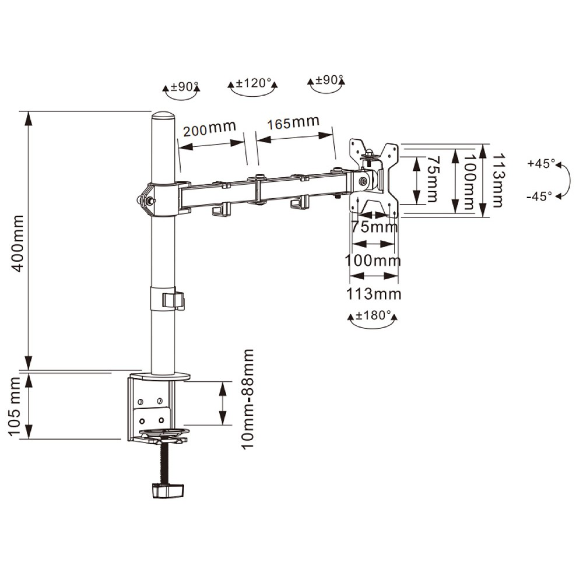 Techly desk support for monitor 13-27" double adjustment joint