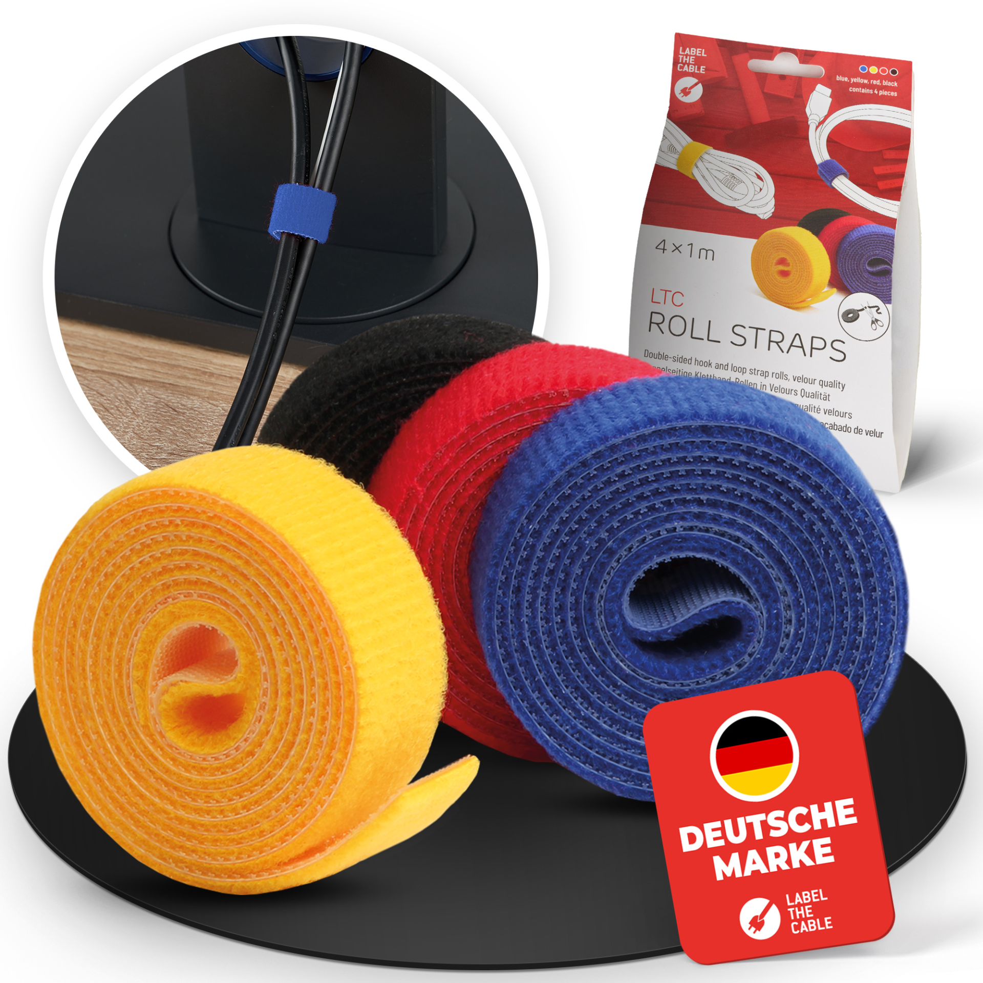 LTC ROLL STRAP, Doppelseitige Klettbandrolle 4x1m schwarz/gelb/blau/rot
