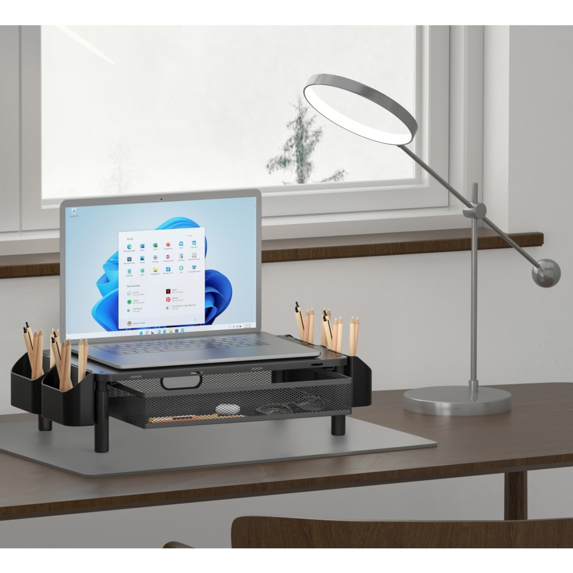 Ergonomic monitor stand with drawer, 3-way height adjustable