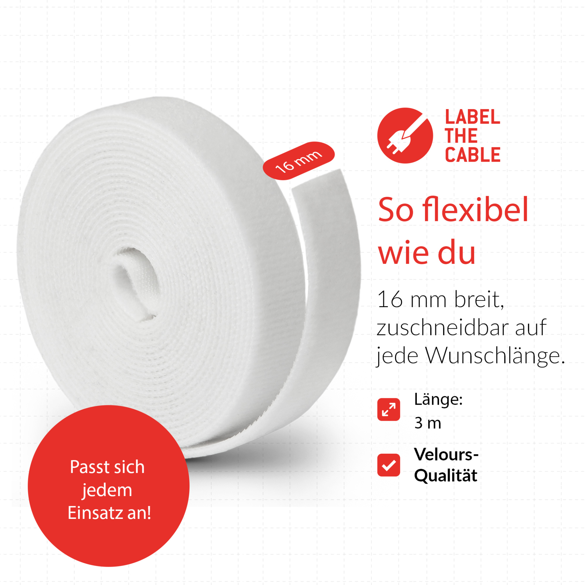 LTC ROLL STRAP, Doppelseitige Klettbandrolle 3m weiß