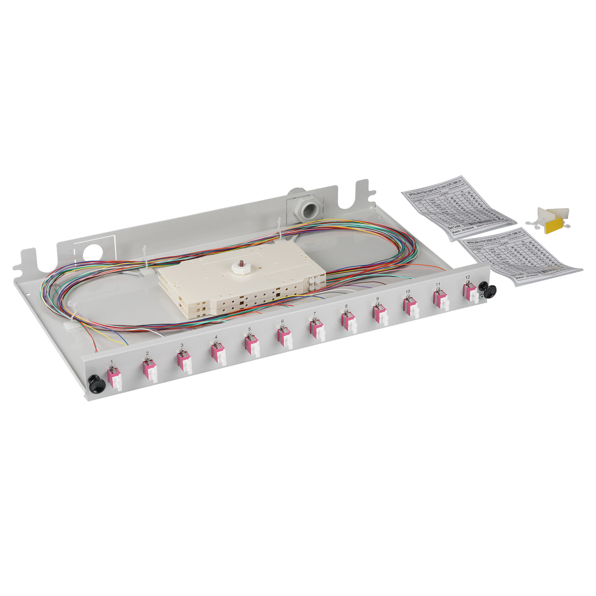 Splice box LC 50/125µ OM4 extendable, 12 pigtails stripped /6 adapters