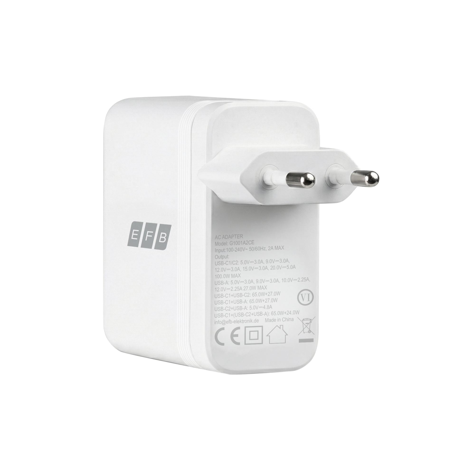 Ladegerät 100W 2xUSB-C +USB-A PD3.0 GaN QC3.0 Eingang:100-240V~1.5A 50/60Hz weiß