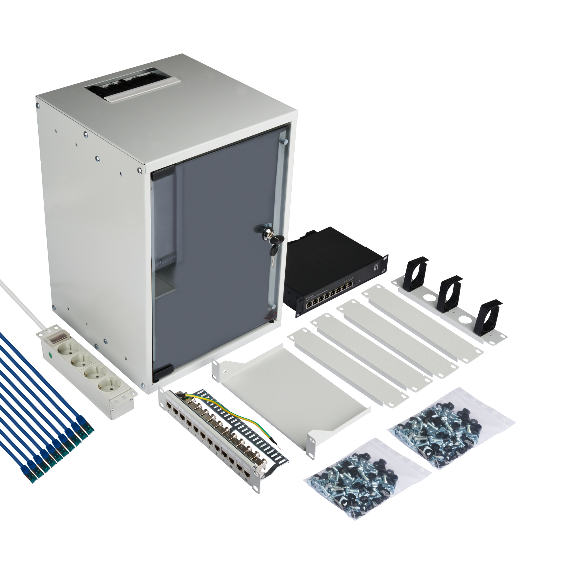 Set 10“ 9U wall housing grey RAL7035 including accessories for self-assembly