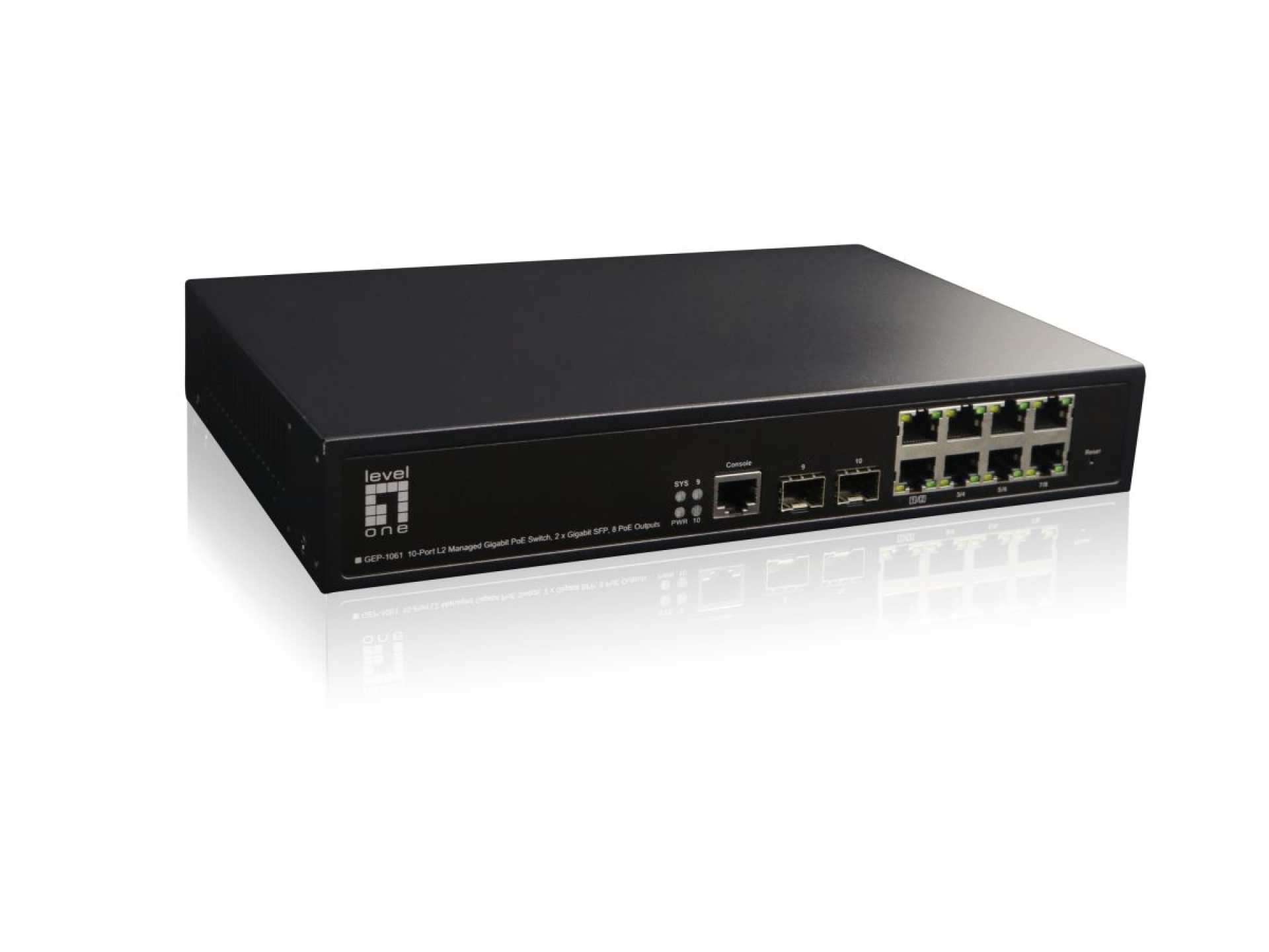 10-Port L2 Managed Gigabit PoE Switch, 2x Gigabit SFP; 8 PoE-Ausgänge, 180W