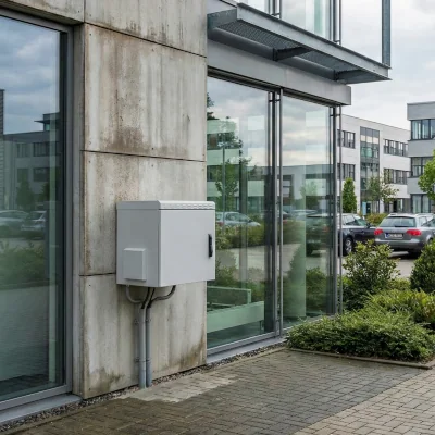 Montiertes Außen-Wandgehäuse für Netzwerktechnik an einer Gebäudefassade mit Kabelzuführung im Außenbereich eines modernen Bürogebäudes