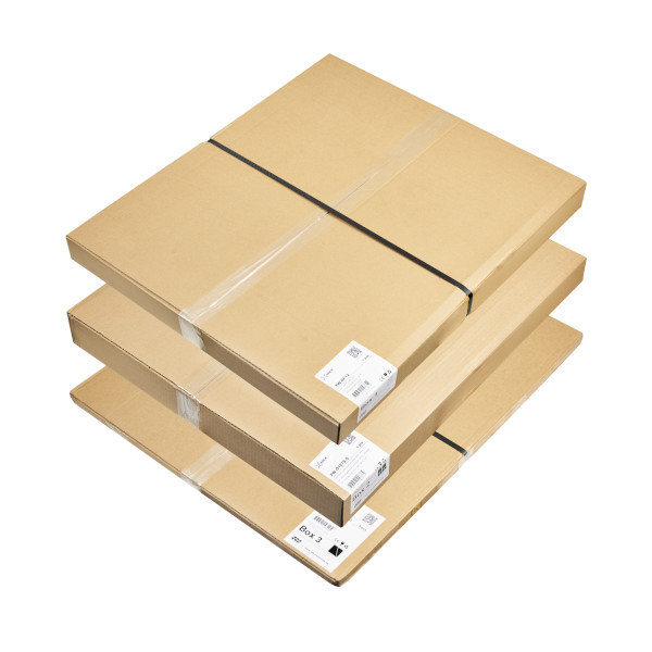 Stacked shipping boxes for 19-inch rack enclosures with labels and straps Stacked shipping boxes for 19-inch rack enclosures with labels and straps
