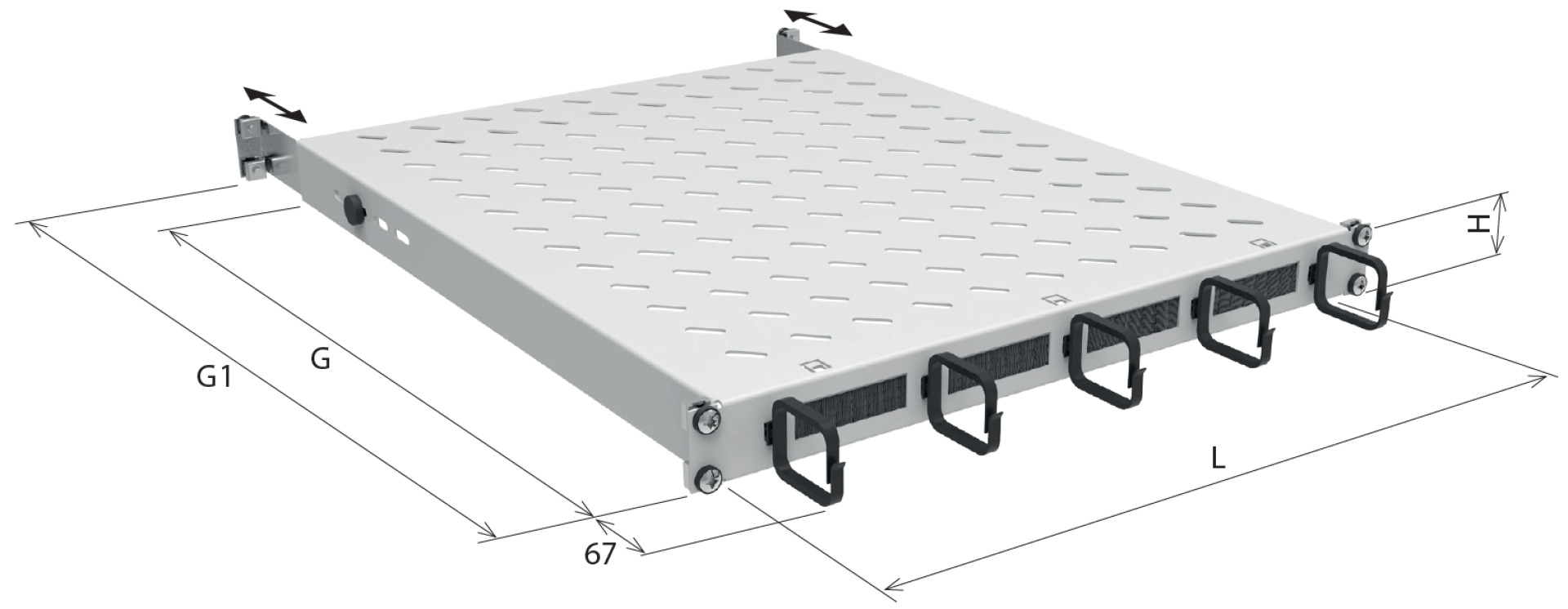 19" 1U Shelf Fixed, with Cable Routing, MD 950..1050 mm, 120 kg, CD 1200 RAL7035