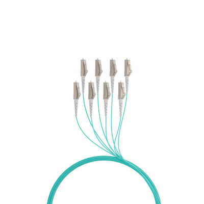 Aqua-farbene Glasfaser-Patchkabel mit 8 LC-Steckern, gebündelt für Highspeed-Datenübertragung in Netzwerken