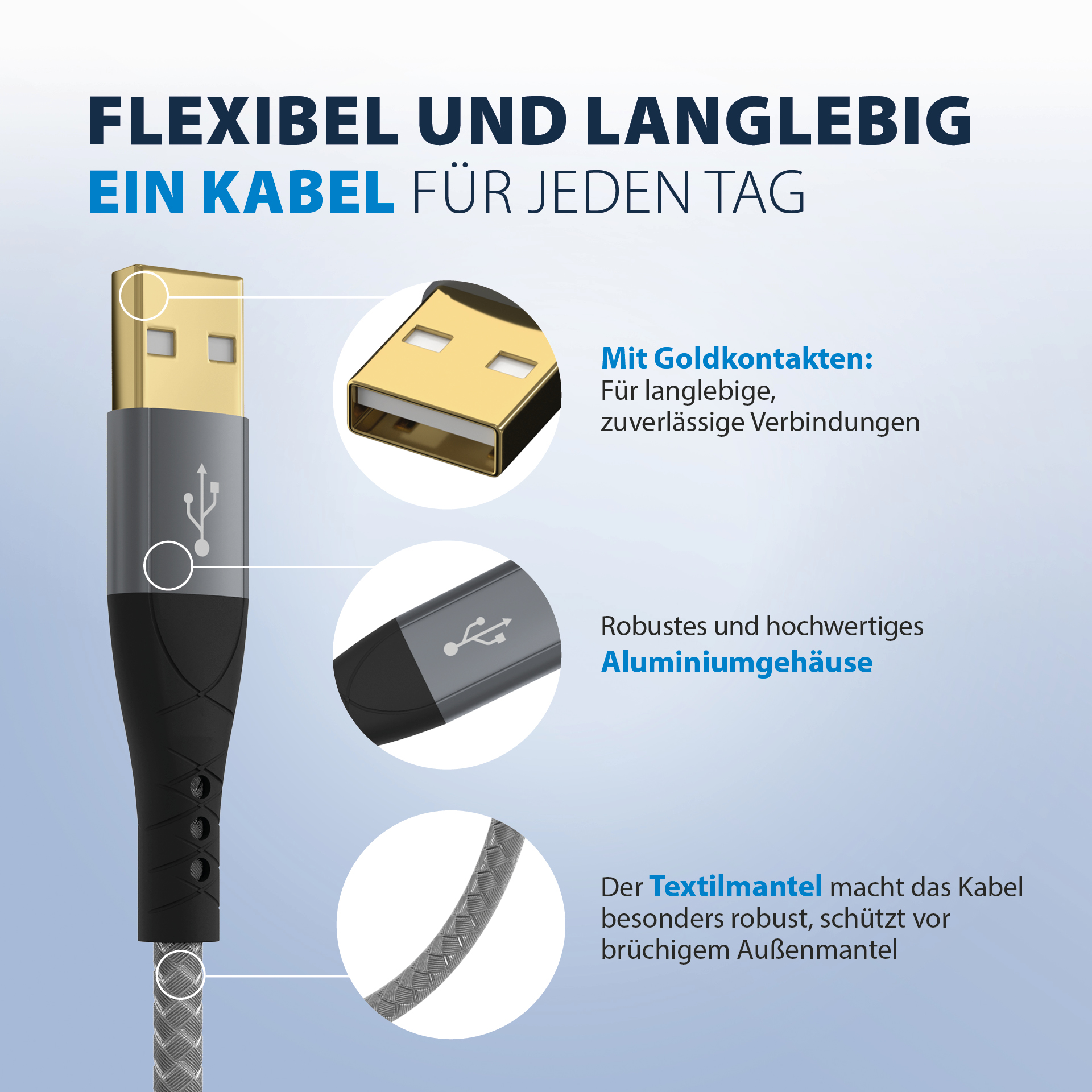 USB-A auf USB-C Kabel 60W QC 3A 2m grau Goldkontakte Textilmantel