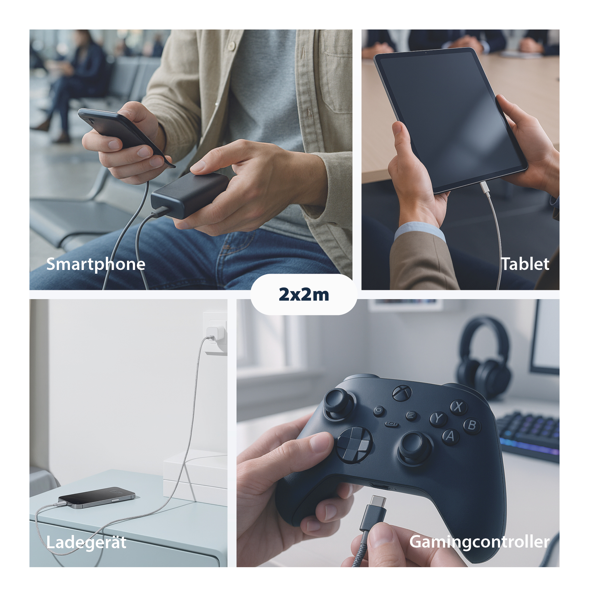 USB-A auf USB-C Kabelset 60W QC 3A 2x2m grau Goldkontakte Textilmantel