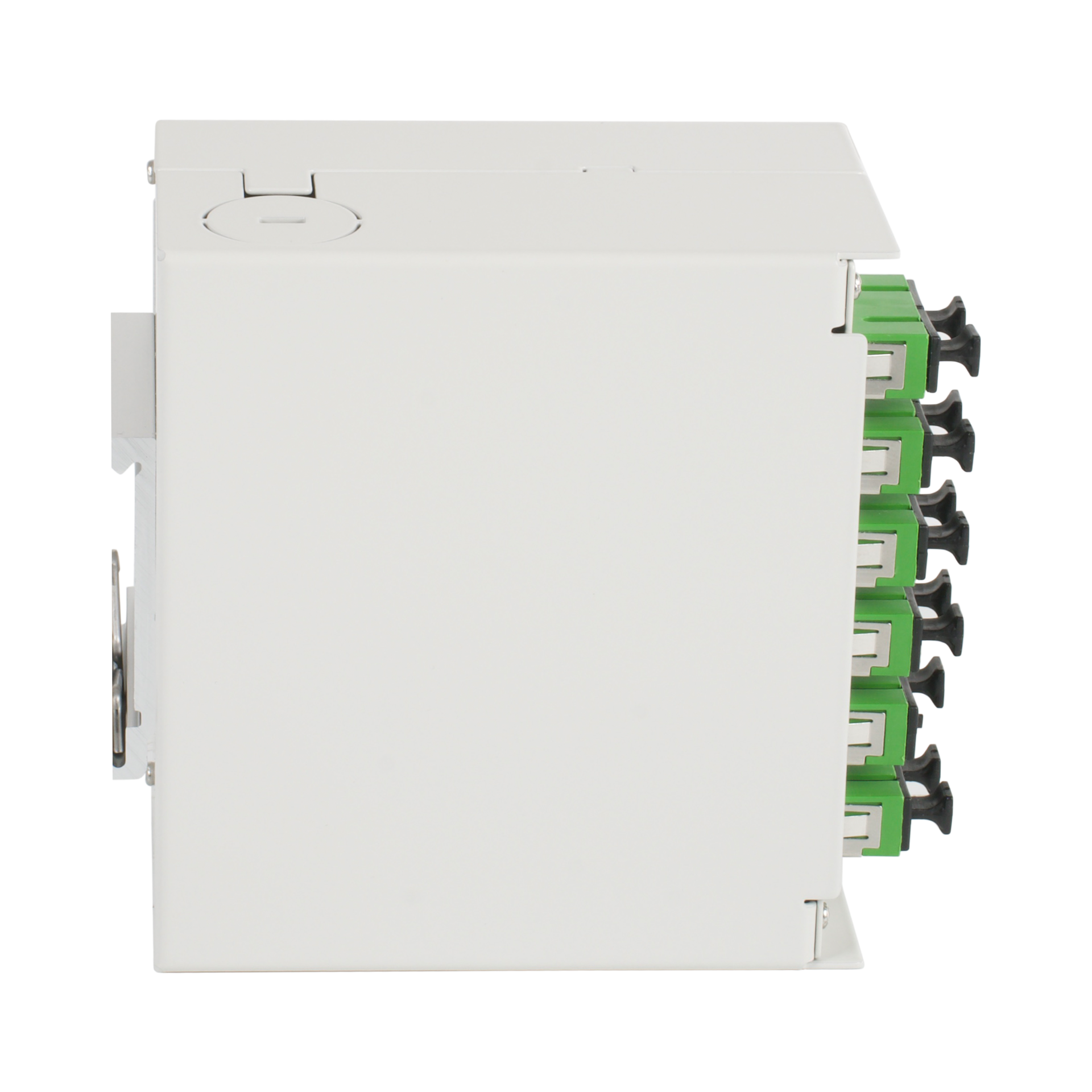 Hutschienenbox OS2 G652D 12xSC/APC Pigtail abgesetzt, 6x SC/APC-Duplex Kupplung