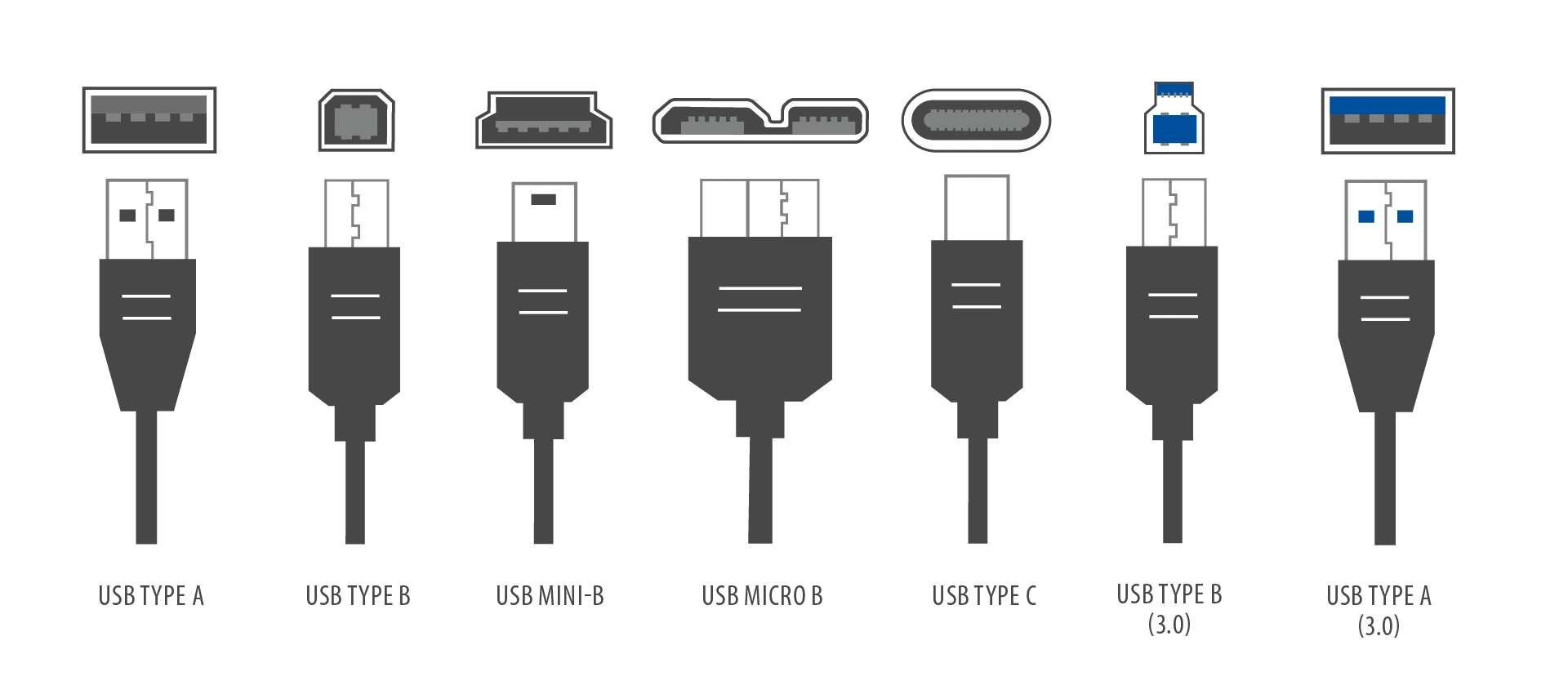 Overview of common USB connector types from EFB-Elektronik – USB-A, USB-B, USB-Mini, USB-Micro, USB-C, USB-Micro-B, and USB-HDMI