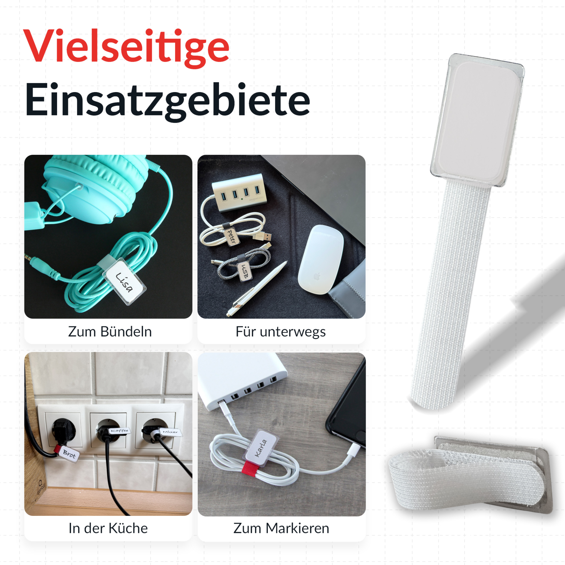 LTC MINI TAGS Kleine Klettkabelbinder mit Beschriftungstafeln 10 Stk Set weiß