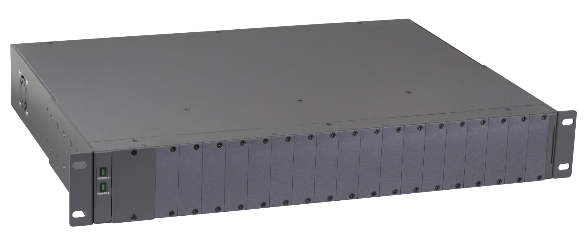 1,5HE 19" Rack Chassis für MCT Konverter, 18 Slots, Unmanaged, inkl. 2x Netzteil