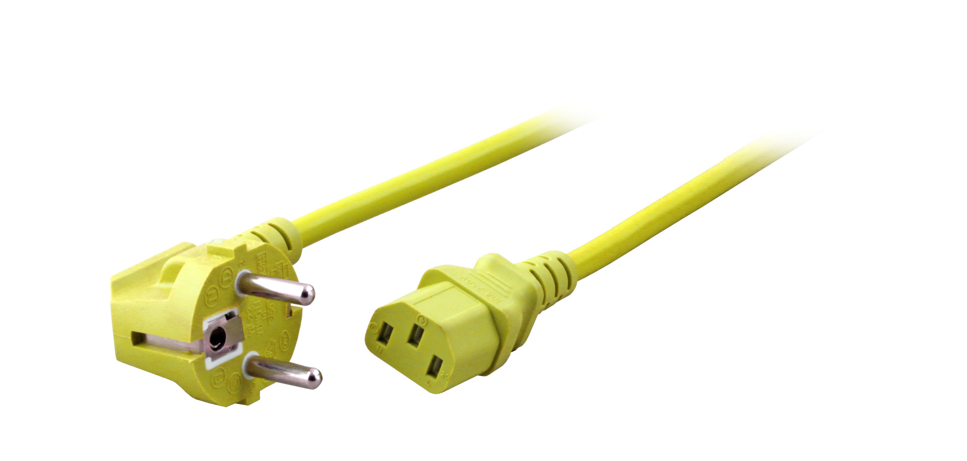 Netzleitung Schutzkontakt 90° - C13 180°, gelb, 3,0 m, 3 x 1,00 mm²