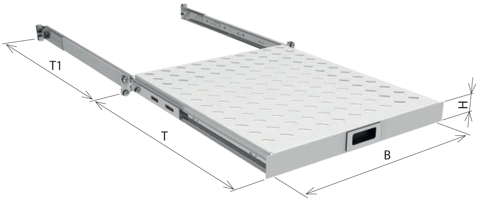 19" 1HE Fachboden ausziehbar, ET 350..450 mm, 30 kg, ST 600, RAL7035