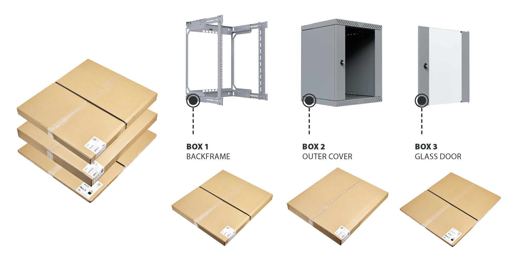 Shipping boxes with rear frame, cladding and glass door for X-Rack - space-saving packaging solution for wallracks Shipping boxes with rear frame, cladding and glass door for X-Rack - space-saving packaging solution for wallracks