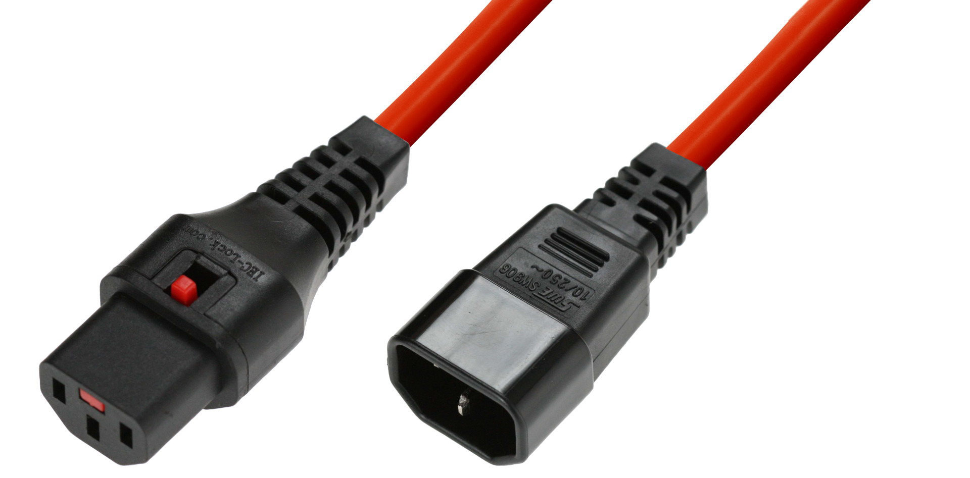 Extension Cable C14 180° - C13 180°, Red, 1.0 m, 3 x 1.00 mm², IEC Lock