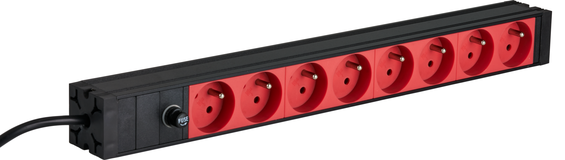 19“ 1HE Steckdosenleiste 8xCEE 7/5 rot, Zuleitung C14, 10A Feinsicherung schwarz
