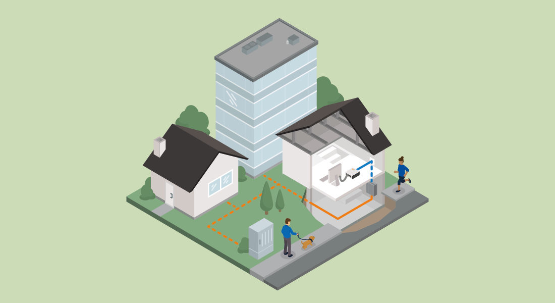 Glasfaserverkabelung in einem Wohngebiet. Links ist ein Haus, das mit einem Netzwerkverteiler verbunden ist. Rechts ist ein zweites Haus, dessen Inneres ein Büro mit einem vernetzten Computer zeigt.