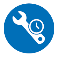Blaues Icon mit weißem Schraubenschlüssel und Uhr-Symbol für schnelle Montage und zeitsparende Zerlegbarkeit von Serverschränken Blaues Icon mit weißem Schraubenschlüssel und Uhr-Symbol für schnelle Montage und zeitsparende Zerlegbarkeit von Serverschränken