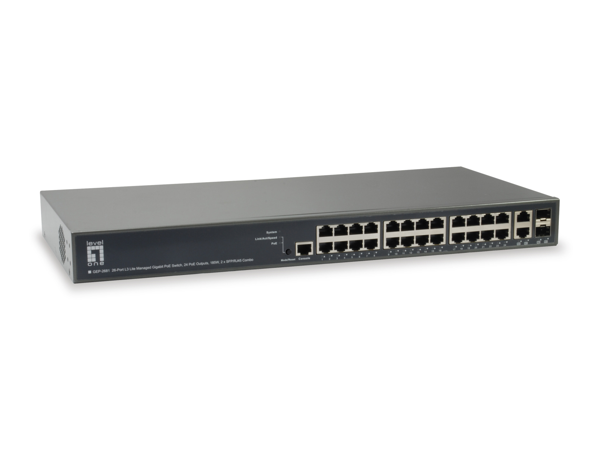 26-Port L3 Lite Managed Gigabit PoE+ Switch, 24x PoE+, 185W, 2 x1G SFP/RJ45