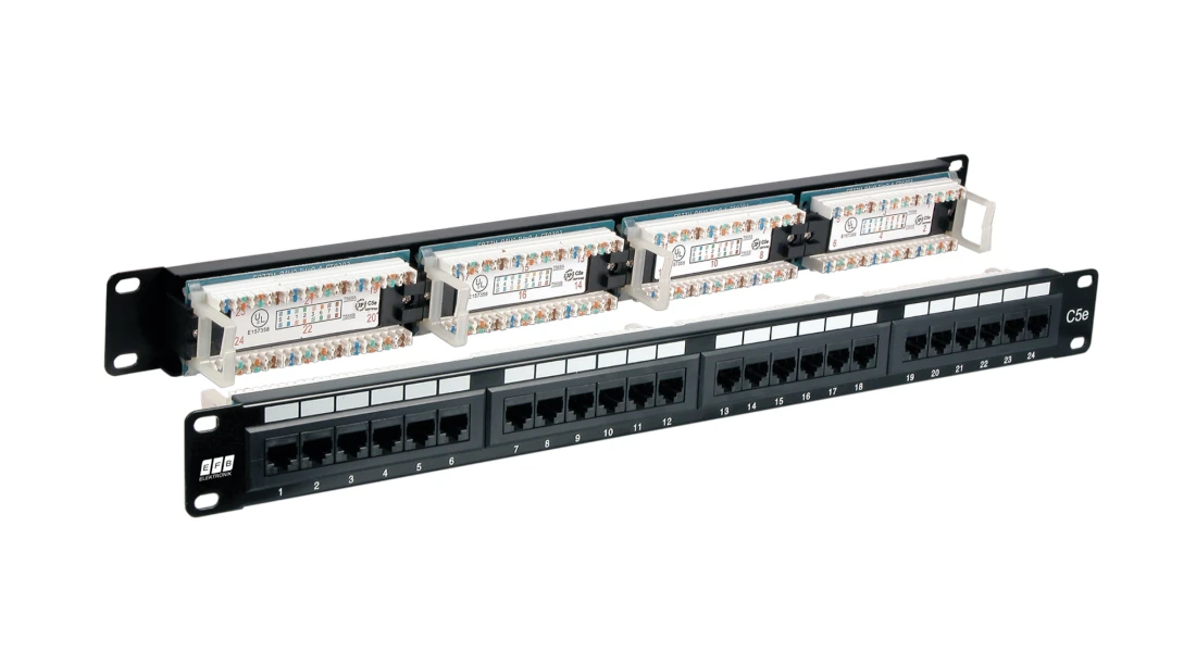 19-Zoll Cat.5e Patchpanel mit 24 RJ45-Ports für Netzwerkinstallationen.