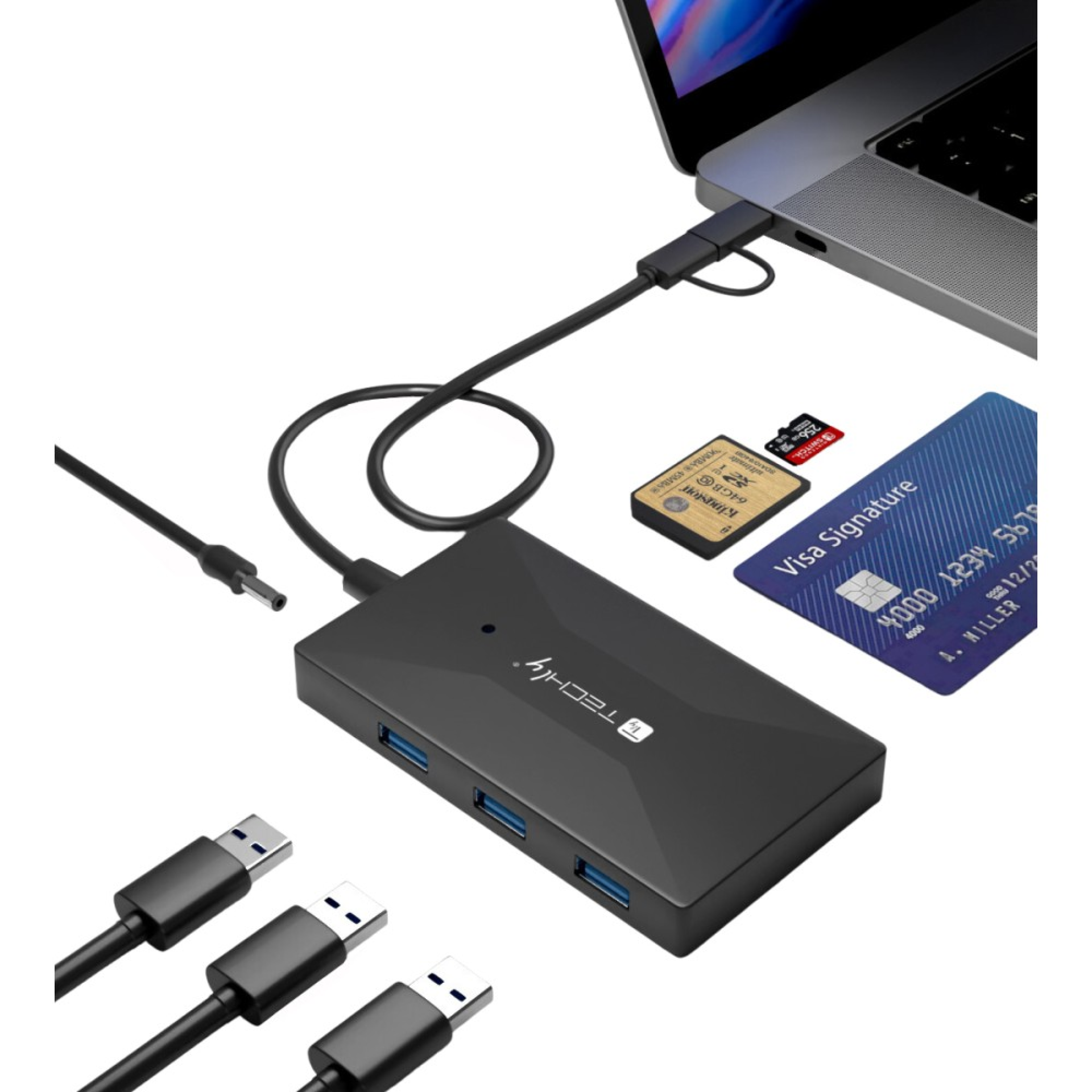 Techly SD/TF Smartcard Speicherleser 3x USB Port Hub