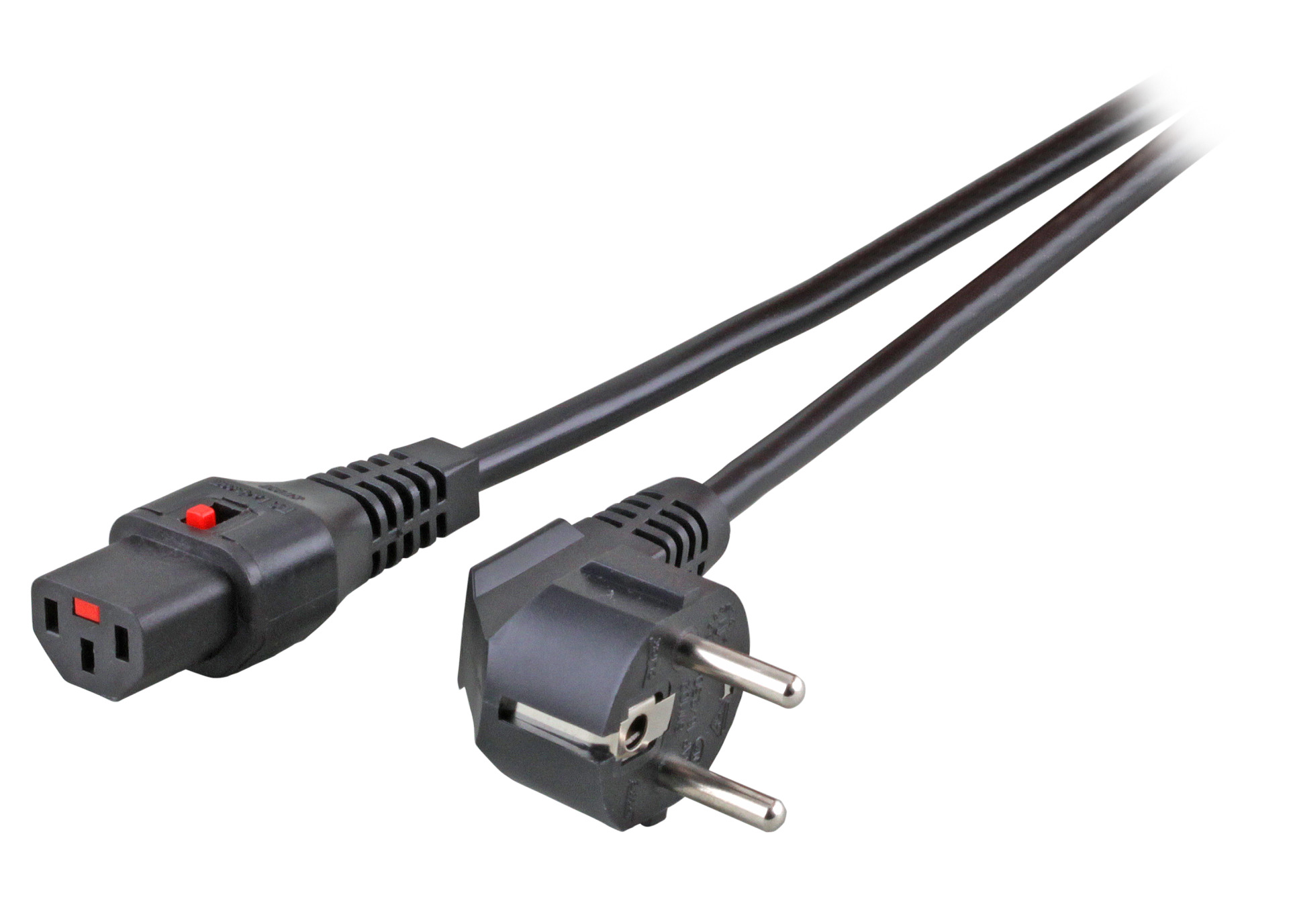 Power Cable CEE7/7 90° - C13 180°, Black, 2.0 m, 3 x 1.00 mm², IEC Lock